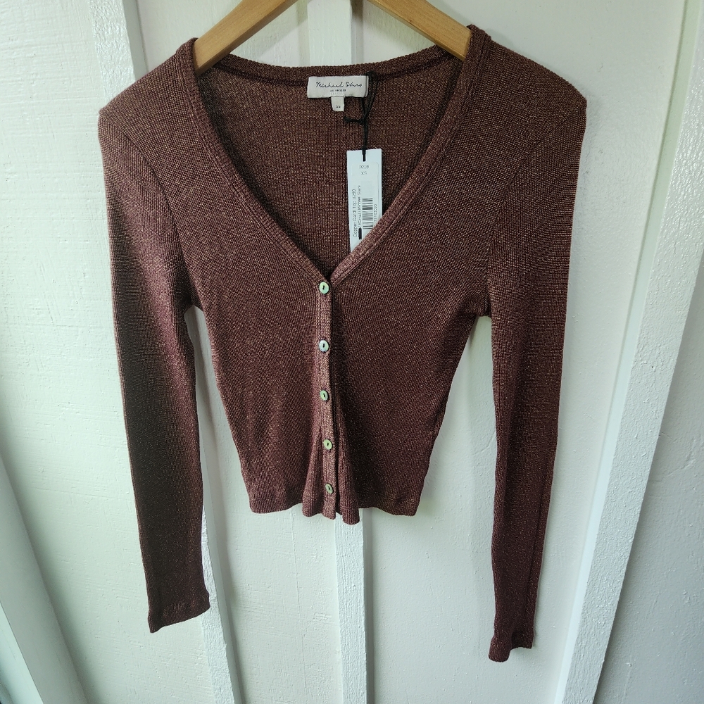 New Michael Stars Copper Cardi Top Ribbed V-neck Matalic Size XS
